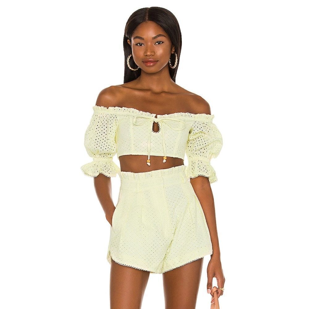 Majorelle Thalia Top in Lemon Cream Size Large Puff Sleeve Eyelet Smocked